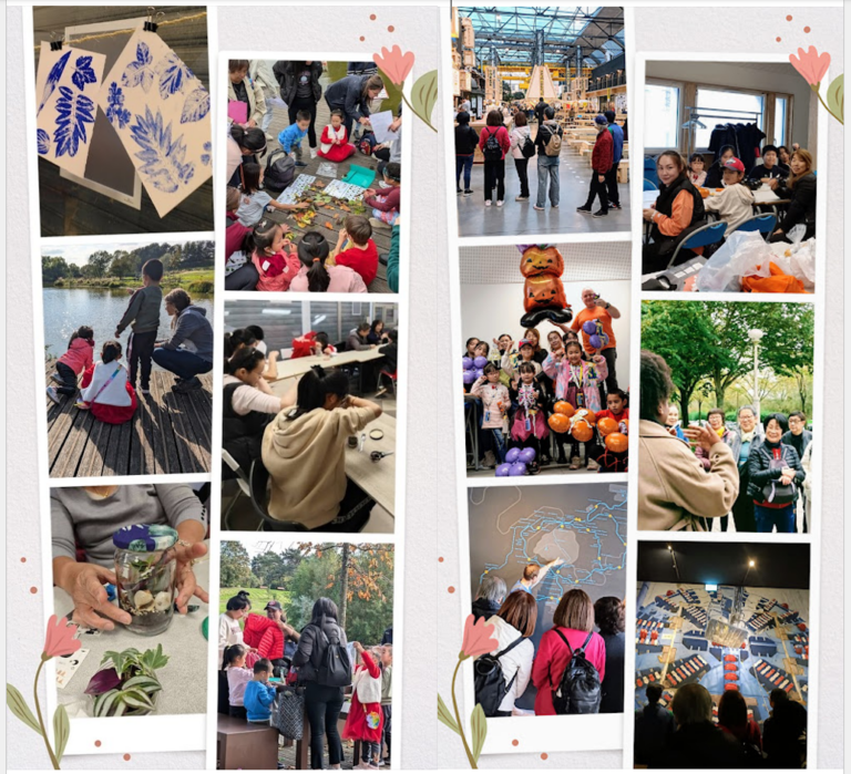 Activités durant les vacances d'automne 2024: 22/10 Découverte du Grand Paris Express, 23/10 Fabrication d'un terrarium avec Olivia, Graines de botaniste (au local d'Aubervilliers) et Ateliers déco et jeux à l'espace Ville Neuve (à Paris), 24/10 Découverte du jardin "une oasis dans la ville" et atelier compostage à Aubervilliers, 25/10 Chasse aux trésors du Parc Georges Valbon à La Courneuve, 29/10 Atelier "empreinte végétale" avec l'association Point de Rassemblement, 30/10 Visite de la Cité Descartes à Noisy-Champs