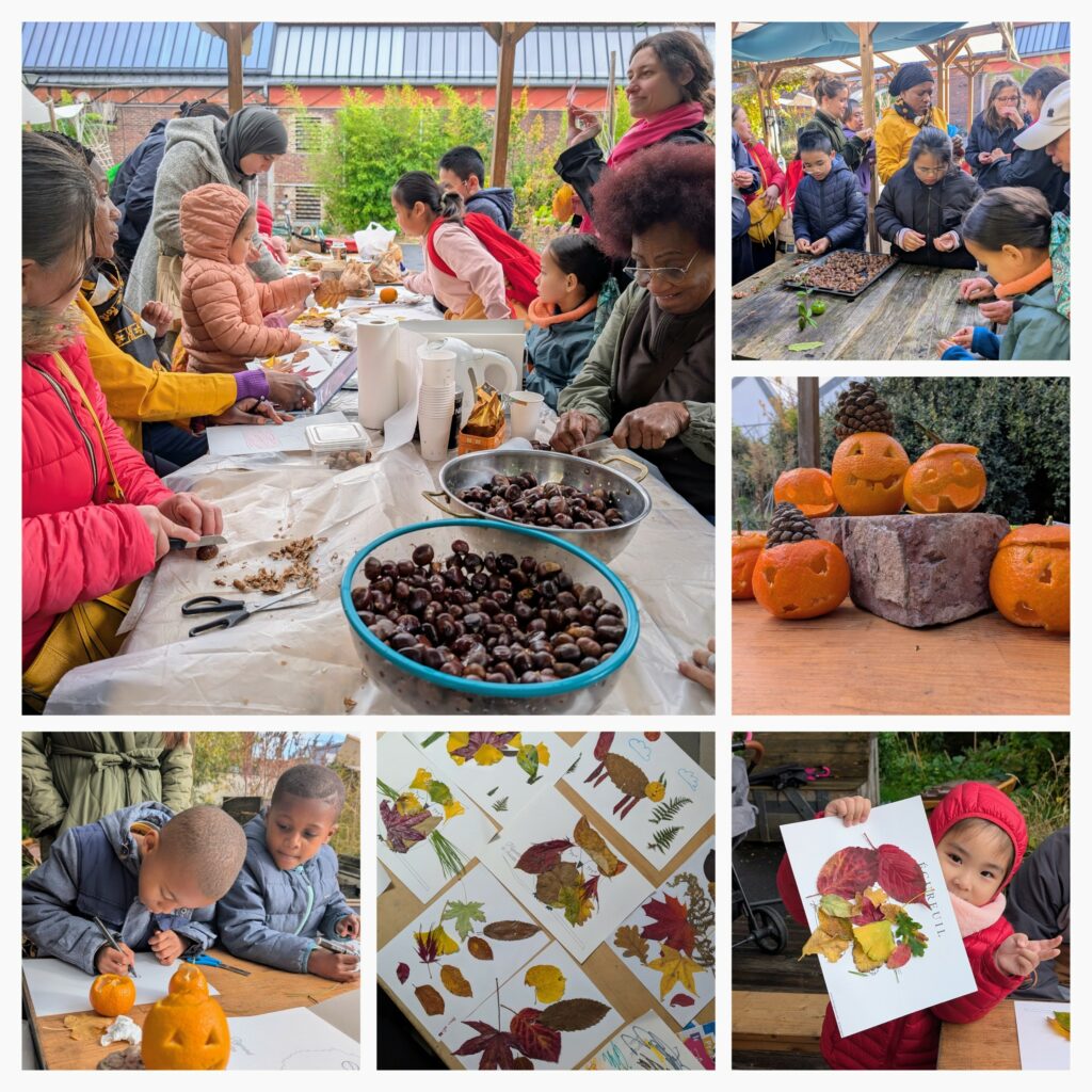 Châtaignes grillées avec l'association La Semeuse aux Laboratoires d'Aubervilliers + activités en familles: collage de feuilles d'automne, et décos d'Halloween